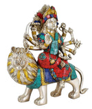 White Whale Brass Maa Durga/Ma Sherwali Idol Sitting On Lion With Multicolor Stone Work Murti Religious Strength God Sculpture Idol