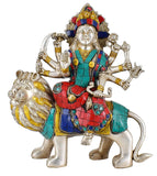 White Whale Brass Maa Durga/Ma Sherwali Idol Sitting On Lion With Multicolor Stone Work Murti Religious Strength God Sculpture Idol