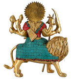 White Whale Brass Maa Durga/Ma Sherwali Idol Sitting On Lion Murti With Multicolor Stone Work Religious Strength God Sculpture Idol