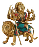 White Whale Brass Maa Durga/Ma Sherwali Idol Sitting On Lion Murti With Multicolor Stone Work Religious Strength God Sculpture Idol