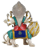 White Whale Brass Maa Durga/Ma Sherwali Idol Sitting On Lion With Multicolor Stone Work Murti Religious Strength God Sculpture Idol