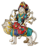 White Whale Brass Maa Durga/Ma Sherwali Idol Sitting On Lion With Multicolor Stone Work Murti Religious Strength God Sculpture Idol