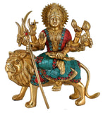 White Whale Brass Maa Durga/Ma Sherwali Idol Sitting On Lion Murti With Multicolor Stone Work Religious Strength God Sculpture Idol