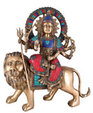 White Whale Brass Maa Durga/Bangali Ma Sherwali Idol Sitting On Lion Murti Religious Strength God Sculpture Idol Home Decor