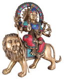 White Whale Brass Maa Durga/Bangali Ma Sherwali Idol Sitting On Lion Murti Religious Strength God Sculpture Idol Home Decor