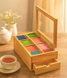 White Whale Tea Box Storage Natural Tea Chest Tea Bag Holder Glass Window with An Antique Brass Little Spoon.
