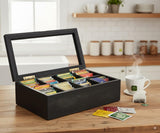 White Whale Tea Box Storage Natural Tea Chest Tea Bag Holder 8 Adjustable Tea Chest Compartments with Glass Window
