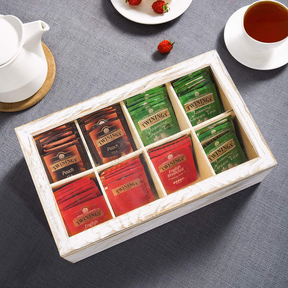 White Whale Tea Box Storage Natural Tea Chest Tea Bag Holder 8 Adjustable Tea Chest Compartments with Glass Window