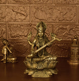White Whale Brass Goddess Saraswati Sitting On Kamal Statue Idol Home Decor Figurine