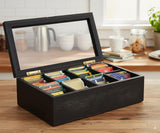 White Whale Tea Box Storage Natural Tea Chest Tea Bag Holder 8 Adjustable Tea Chest Compartments with Glass Window