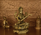 White Whale Brass Goddess Saraswati Sitting On Kamal Statue Idol Home Decor Figurine