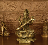 White Whale Brass Goddess Saraswati Sitting On Kamal Statue Idol Home Decor Figurine