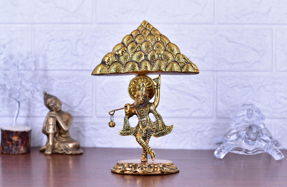 White Whale Lord Krishna Lifting Govardhan Mountain by miskin Metal Statue Home Décor