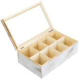 White Whale Tea Box Storage Natural Tea Chest Tea Bag Holder 8 Adjustable Tea Chest Compartments with Glass Window