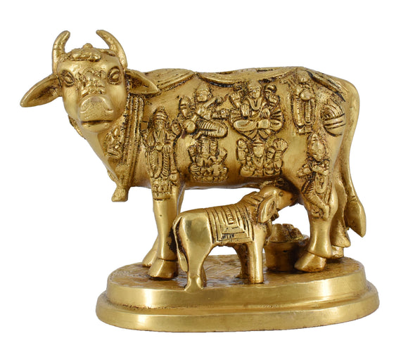 White Whale Large Gold Elegant Kamdhenu Cow and Calf Brass Statue Spiritual Showpiece