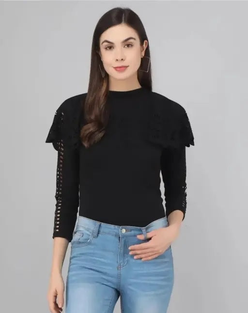 Whitewhale Casual Regular Sleeves Laser Cut Women Yellow Top