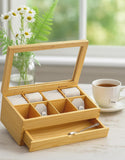 White Whale Tea Box Storage Natural Tea Chest Tea Bag Holder Glass Window with An Antique Brass Little Spoon.