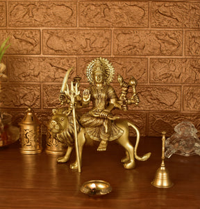 White Whale Brass Maa Durga/Ma Sherwali Idol Sitting On Lion Murti Religious Strength God Sculpture Idol