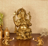 White Whale Brass Lord Ganesha Sitting On Lotus Statue Idol Home Decor Figurine (12 Inches)