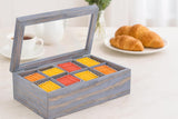 White Whale Tea Box Storage Natural Tea Chest Tea Bag Holder 8 Adjustable Tea Chest Compartments with Glass Window