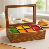 White Whale Wooden Tea Box Storage Natural Tea Chest Tea Bag Holder 8 Adjustable Tea Chest Compartments with Glass Window