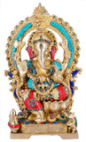 White Whale Lord Ganesh Murti Ganesha Idol Ganpati Brass Statue with Multicolor Stone Work for Home Decoration Showpiece