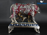 White Whale Kamdhenu Cow & Baby Cow Brass Statue Religious Strength Sculpture Idol