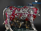 White Whale Kamdhenu Cow & Baby Cow Brass Statue Religious Strength Sculpture Idol