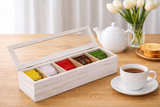 White Whale Wooden Tea Box Storage Natural Tea Chest Tea Bag Holder 5 Adjustable Tea Chest Compartments with Glass Window