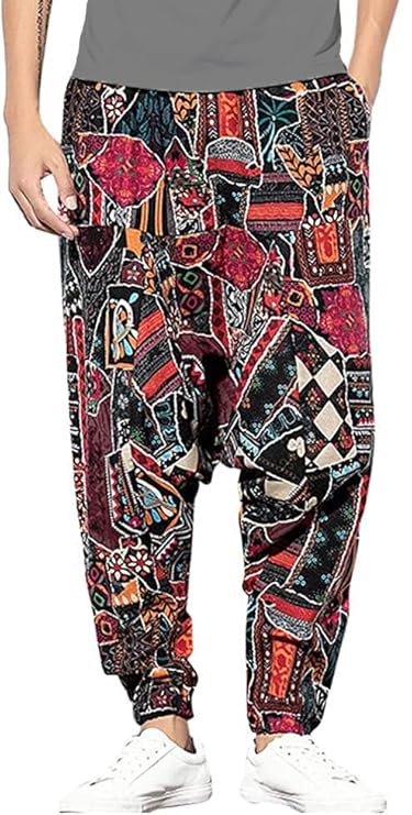 Whitewhale Mens Cotton Printed Harem Pants Pockets Yoga Trousers Hippie