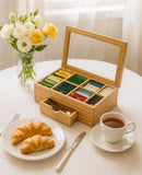 White Whale Tea Box Storage Natural Tea Chest Tea Bag Holder Glass Window with An Antique Brass Little Spoon.