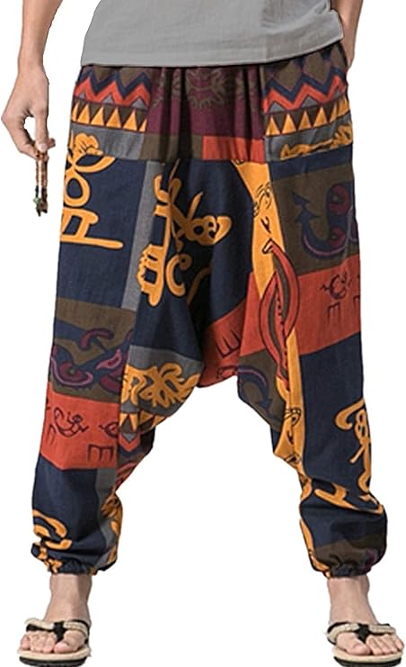 Whitewhale Mens Cotton Printed Harem Pants Pockets Yoga Trousers Hippie