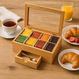 White Whale Tea Box Storage Natural Tea Chest Tea Bag Holder Glass Window with An Antique Brass Little Spoon.