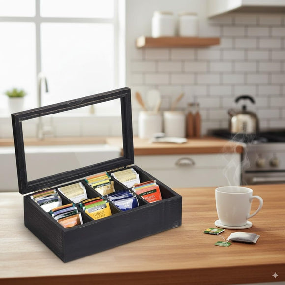 White Whale Tea Box Storage Natural Tea Chest Tea Bag Holder 8 Adjustable Tea Chest Compartments with Glass Window