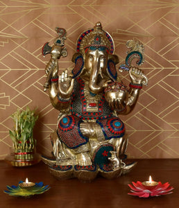 White Whale Large Lord Ganesha Sitting On Lotus Brass Idol Hindu Good Luck God Deity Ganesh Statue -Hindu Ganesha Idol Sculptures Home Décor