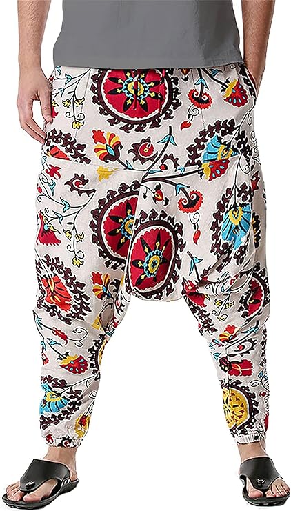 Whitewhale Mens Cotton Printed Harem Pants Pockets Yoga Trousers Hippie
