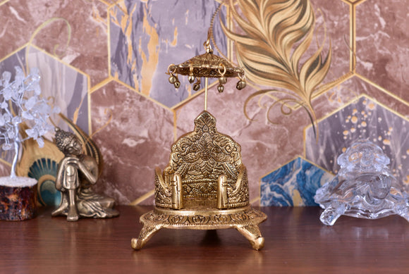 White Whale Singhasan Oval Shaped for Ganesha Krishna God Idols - Gold Plated Ladoo Gopal Pooja Chowki for Temple Mandir Puja Idol Decoration Items