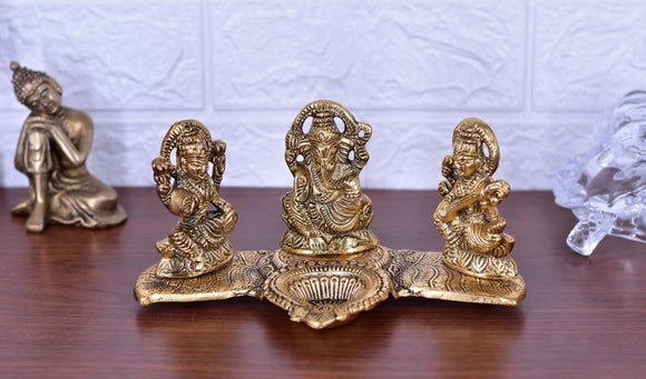 White Whale Lakshmi Ganesha Saraswati Idol with Diya Made of Metal Laxmi Ganesh Oil lamp Statue Traditional Religious Figurine Home Office Temple Pooja Puja Decorative Showpiece Diwali Gift