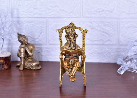 White Whale Ganesh Idol Murti for Home Decor Lord Ganesha Reading Ramayana Statue God Ganesh Ganpati Metal Sculpture Home Office Gifts Decor