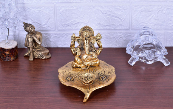 White Whale Ganesh Idol on Leaf - Lord Ganesha with Diya - Metal Diya for Diwali Decoration Items Home Decorative Gift Puja Gifts Corporate; Diwali Gift Item