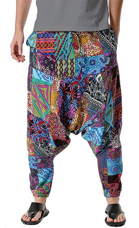 Whitewhale Mens Cotton Printed Harem Pants Pockets Yoga Trousers Hippie