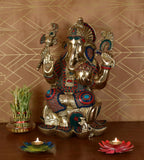 White Whale Large Lord Ganesha Sitting On Lotus Brass Idol Hindu Good Luck God Deity Ganesh Statue -Hindu Ganesha Idol Sculptures Home Décor