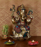 White Whale Large Lord Ganesha Sitting On Lotus Brass Idol Hindu Good Luck God Deity Ganesh Statue -Hindu Ganesha Idol Sculptures Home Décor