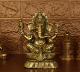 White Whale Brass Lord Ganesha  Left Side Trunk  Sitting On Lotus Statue Idol Home Decor Figurine