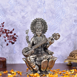 White Whale Superfine Antique Maa Saraswati Brass Statue Religious Goddess Sculpture Idol Home Décor