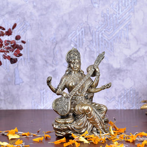 White Whale Superfine Antique Maa Saraswati Brass Statue Religious Goddess Sculpture Idol Home Décor