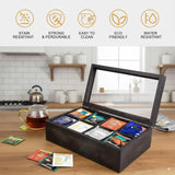 White Whale Tea Box Storage Natural Tea Chest Tea Bag Holder 8 Adjustable Tea Chest Compartments with Glass Window