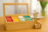 White Whale Tea Box Storage Natural Tea Chest Tea Bag Holder Glass Window with An Antique Brass Little Spoon.