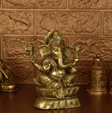 White Whale Brass Lord Ganesha  Left Side Trunk  Sitting On Lotus Statue Idol Home Decor Figurine