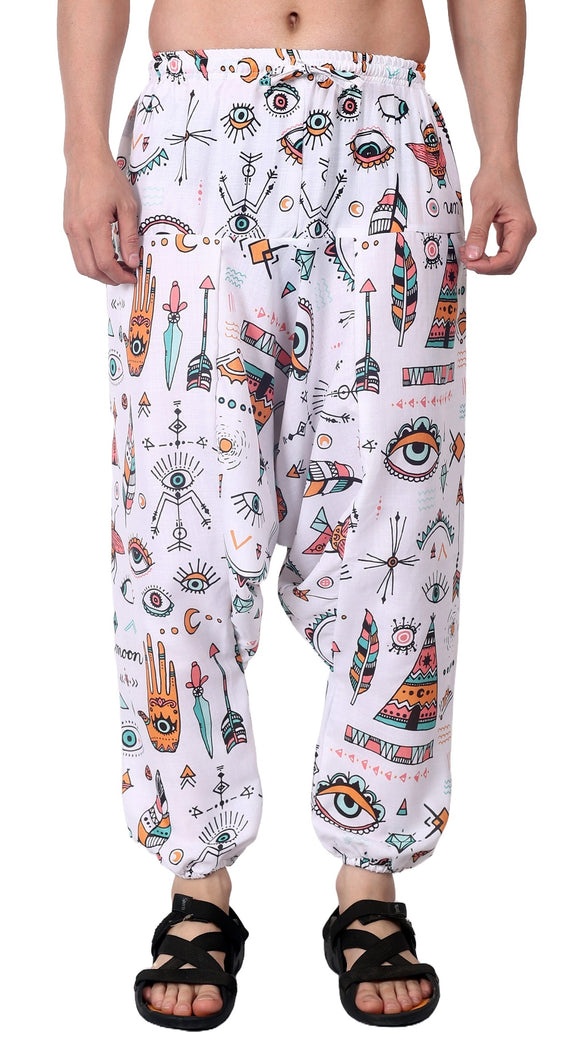 Whitewhale Mens Cotton Printed Harem Pants Pockets Yoga Trousers Hippie